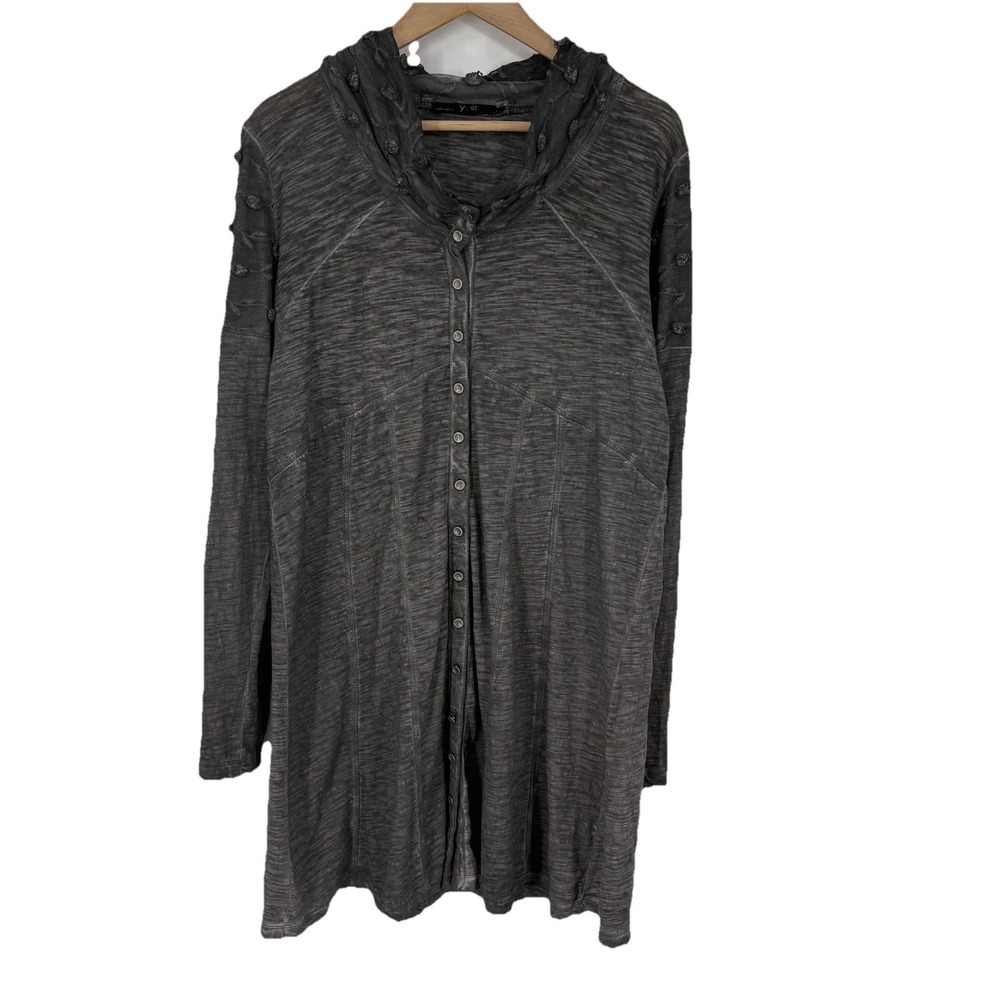 Y2K Yest Cardigan Womens 2XL Gray Snap Front Slub‎ Knit Embroidered Boho Tunic